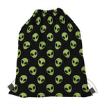 Green Alien Face Pattern Print Drawstring Bag