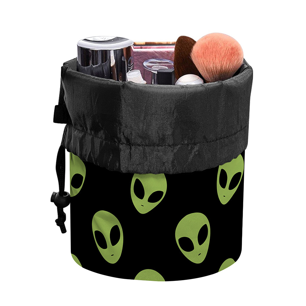 Green Alien Face Pattern Print Drawstring Makeup Bag