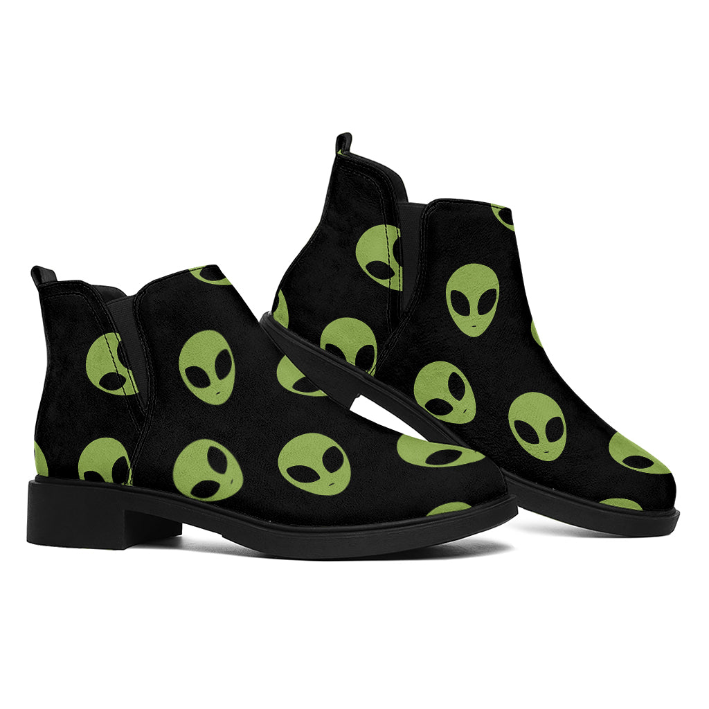 Green Alien Face Pattern Print Flat Ankle Boots