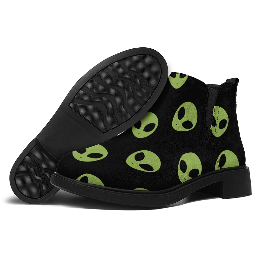 Green Alien Face Pattern Print Flat Ankle Boots