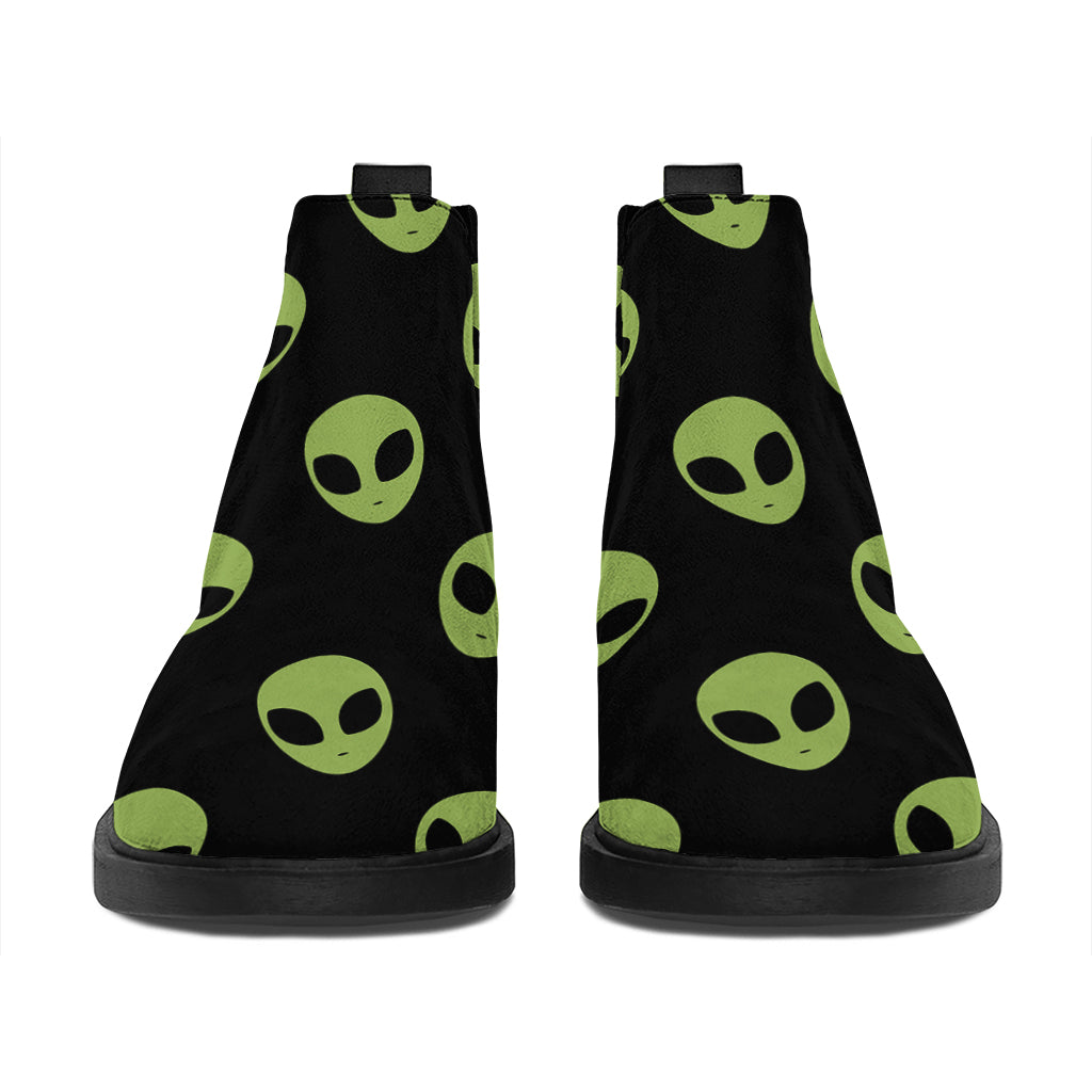 Green Alien Face Pattern Print Flat Ankle Boots