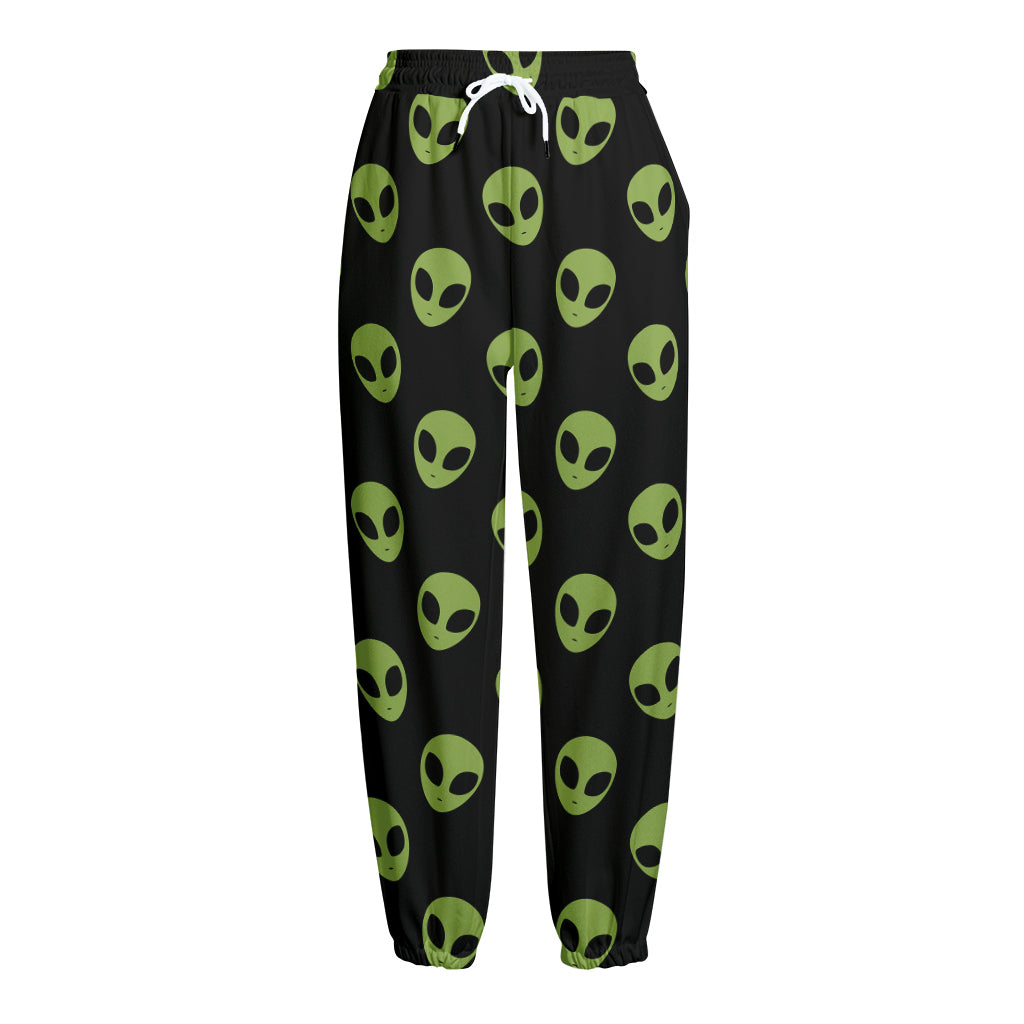 Green Alien Face Pattern Print Fleece Lined Knit Pants