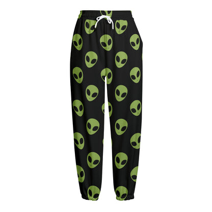 Green Alien Face Pattern Print Fleece Lined Knit Pants