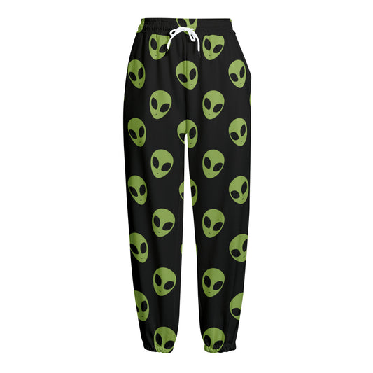 Green Alien Face Pattern Print Fleece Lined Knit Pants