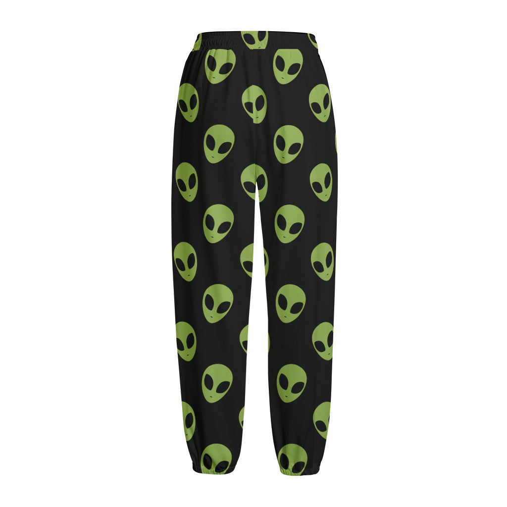 Green Alien Face Pattern Print Fleece Lined Knit Pants