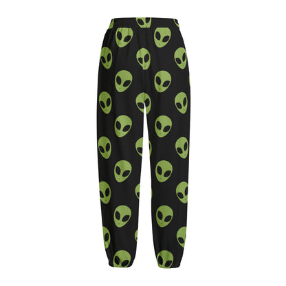 Green Alien Face Pattern Print Fleece Lined Knit Pants