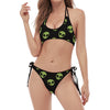 Green Alien Face Pattern Print Halter Scoop Tie Side Bikini