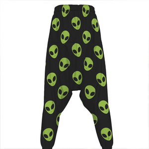 Green Alien Face Pattern Print Hammer Pants