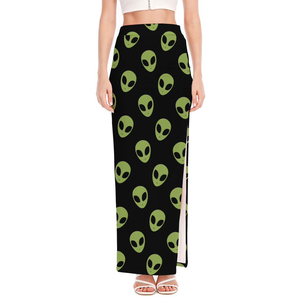 Green Alien Face Pattern Print High Slit Maxi Skirt