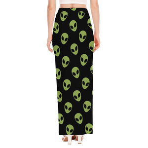 Green Alien Face Pattern Print High Slit Maxi Skirt