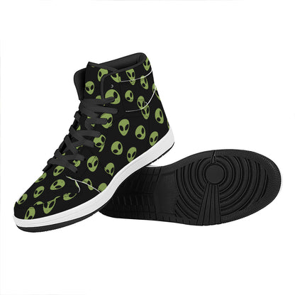 Green Alien Face Pattern Print High Top Leather Sneakers