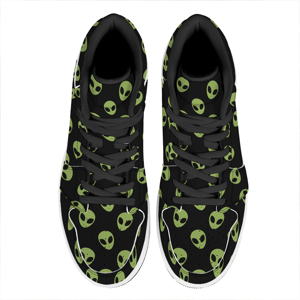 Green Alien Face Pattern Print High Top Leather Sneakers