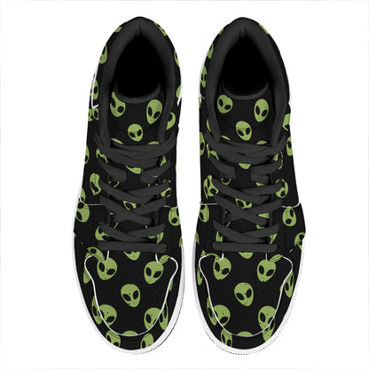 Green Alien Face Pattern Print High Top Leather Sneakers
