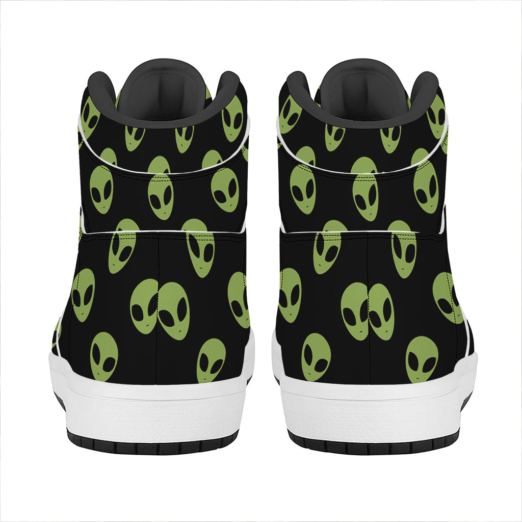 Green Alien Face Pattern Print High Top Leather Sneakers