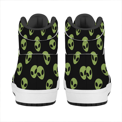 Green Alien Face Pattern Print High Top Leather Sneakers