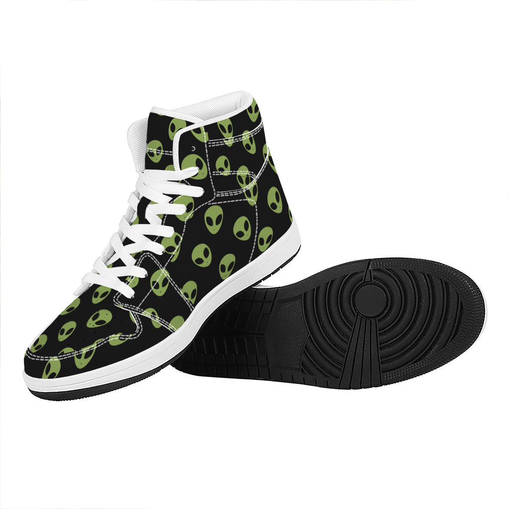 Green Alien Face Pattern Print High Top Leather Sneakers