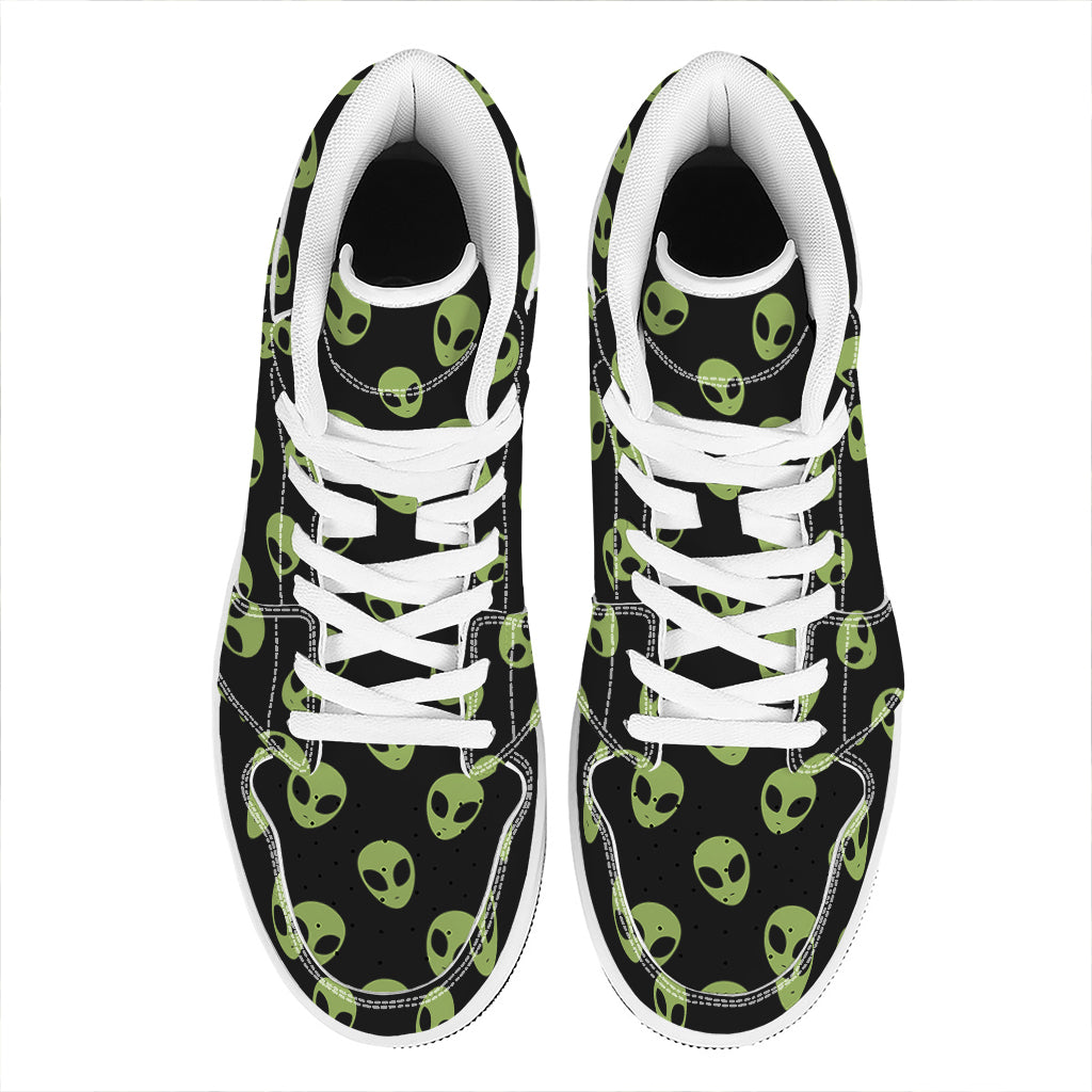 Green Alien Face Pattern Print High Top Leather Sneakers