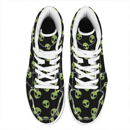 Green Alien Face Pattern Print High Top Leather Sneakers
