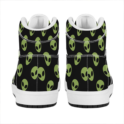 Green Alien Face Pattern Print High Top Leather Sneakers