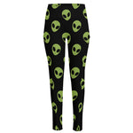 Green Alien Face Pattern Print High-Waisted Pocket Leggings