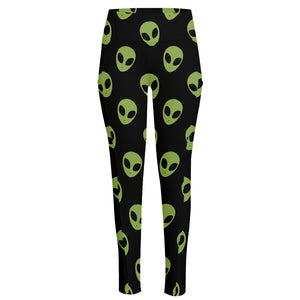 Green Alien Face Pattern Print High-Waisted Pocket Leggings