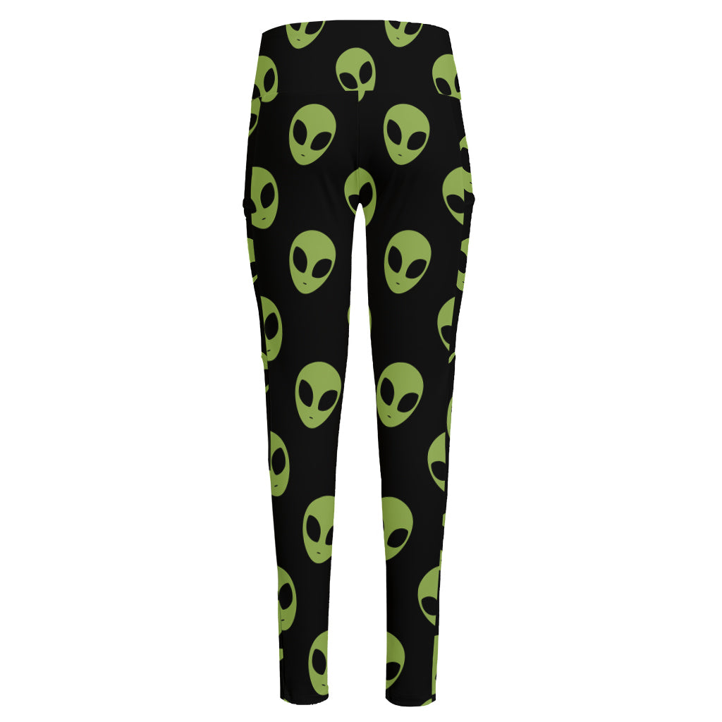 Green Alien Face Pattern Print High-Waisted Pocket Leggings