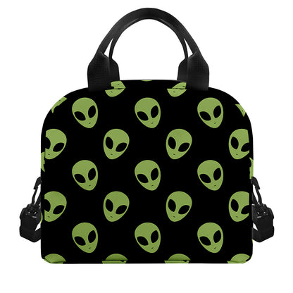 Green Alien Face Pattern Print Insulated Lunch Bag