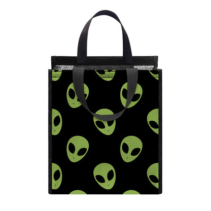 Green Alien Face Pattern Print Insulated Lunch Tote