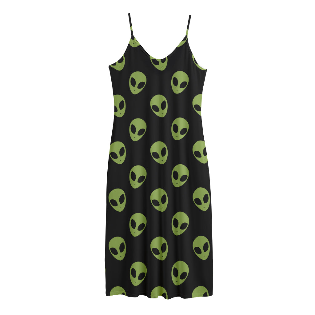 Green Alien Face Pattern Print Jersey Midi Cami Dress