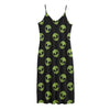 Green Alien Face Pattern Print Jersey Midi Cami Dress