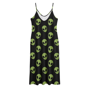 Green Alien Face Pattern Print Jersey Midi Cami Dress