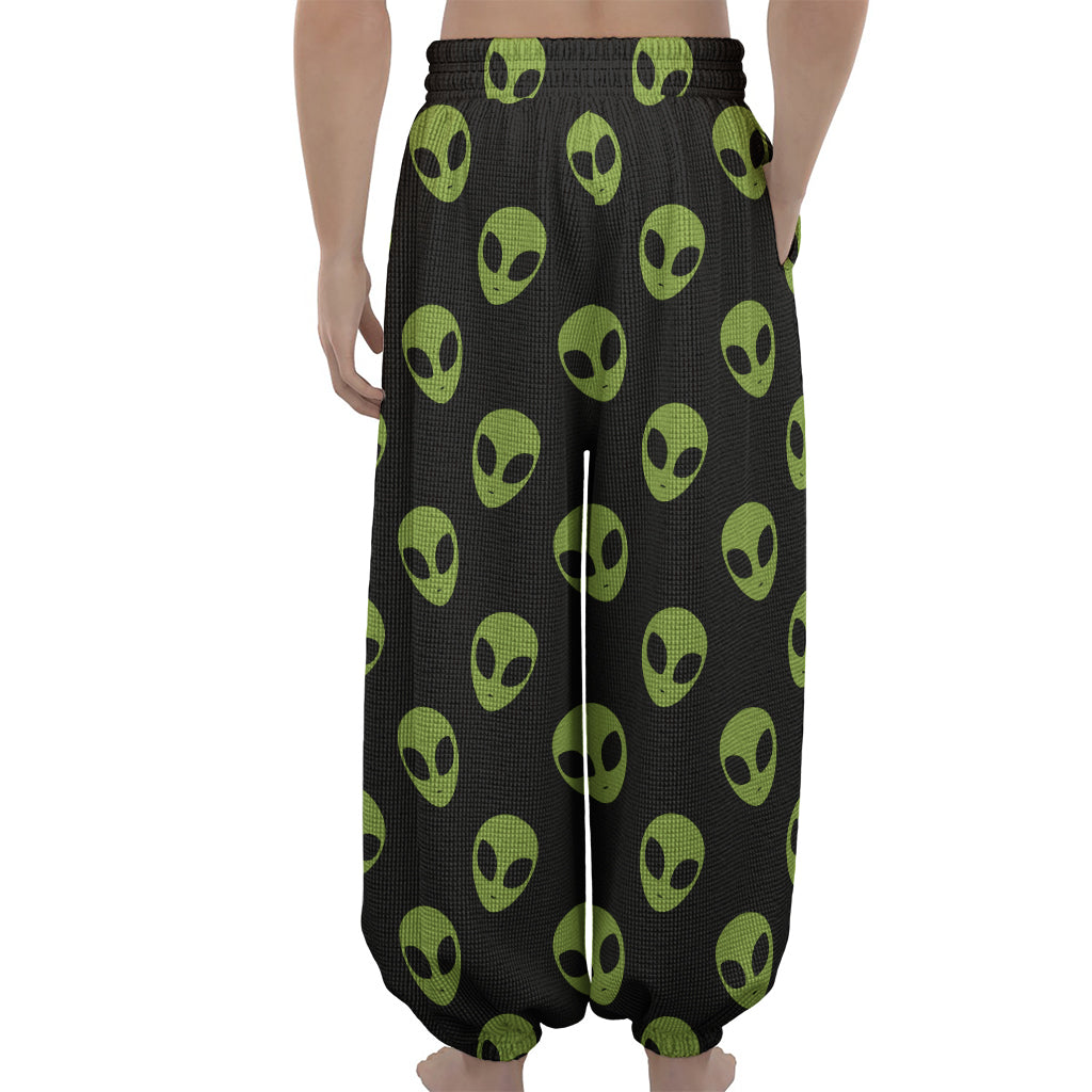 Green Alien Face Pattern Print Lantern Pants