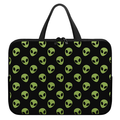 Green Alien Face Pattern Print Laptop Sleeve With Handle