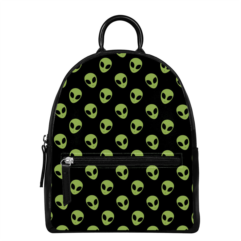 Green Alien Face Pattern Print Leather Backpack