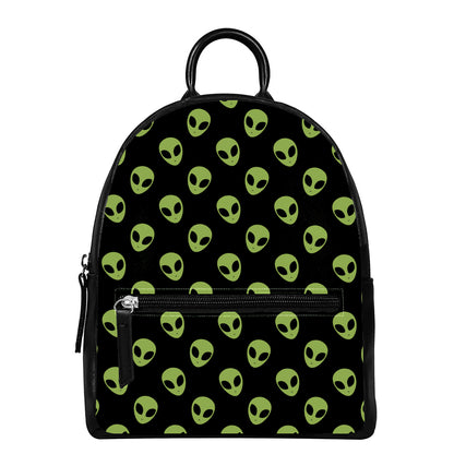 Green Alien Face Pattern Print Leather Backpack