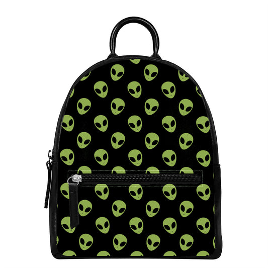 Green Alien Face Pattern Print Leather Backpack