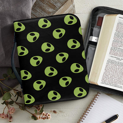 Green Alien Face Pattern Print Leather Bible Cover