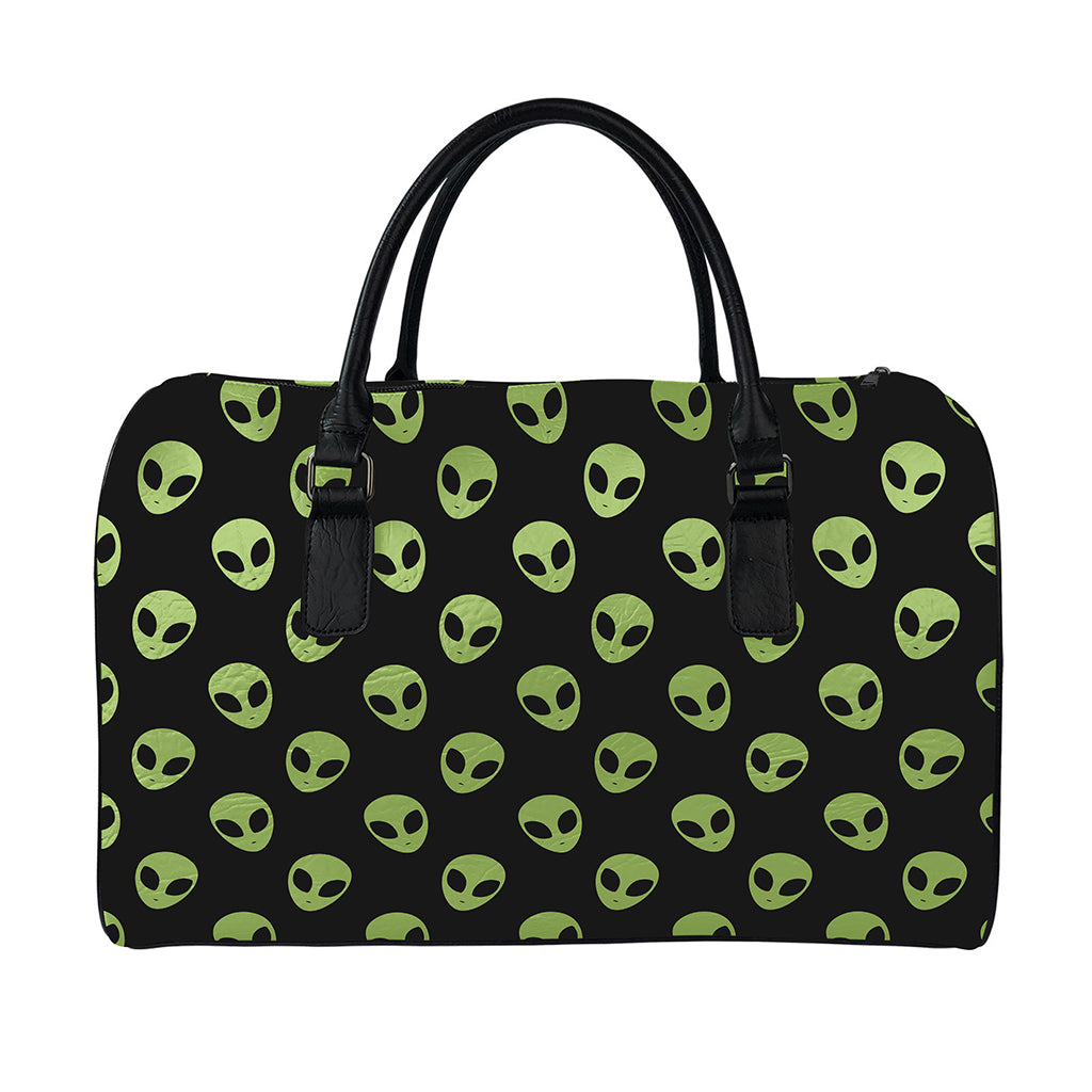 Green Alien Face Pattern Print Leather Duffle Bag