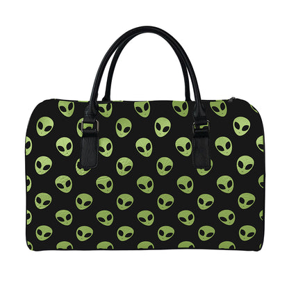 Green Alien Face Pattern Print Leather Duffle Bag