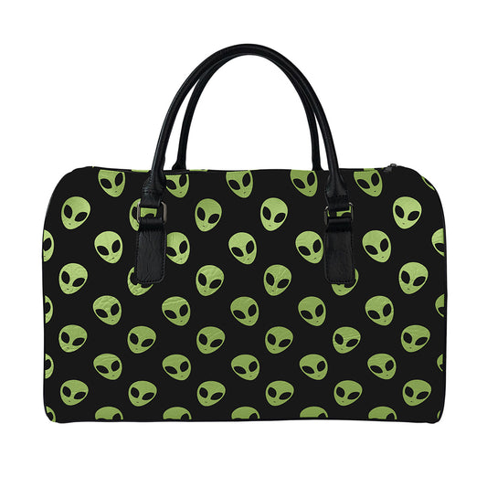 Green Alien Face Pattern Print Leather Duffle Bag