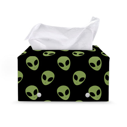 Green Alien Face Pattern Print Leather Tissue Box Cover