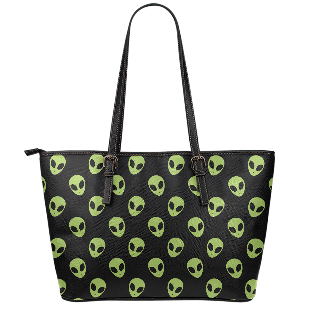 Green Alien Face Pattern Print Leather Tote Bag