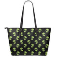 Green Alien Face Pattern Print Leather Tote Bag With Zipper