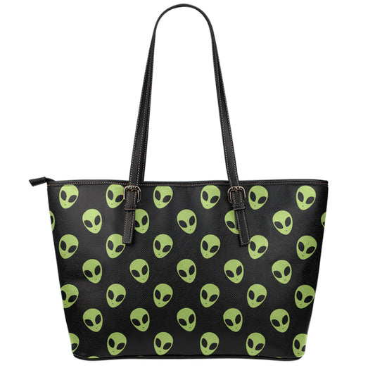 Green Alien Face Pattern Print Leather Tote Bag