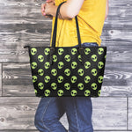 Green Alien Face Pattern Print Leather Tote Bag