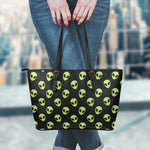 Green Alien Face Pattern Print Leather Tote Bag