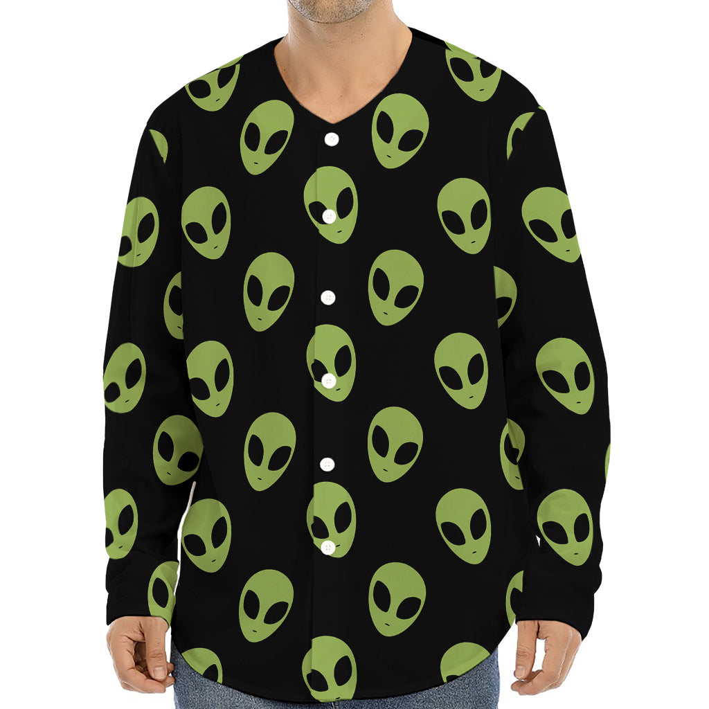 Green Alien Face Pattern Print Long Sleeve Baseball Jersey