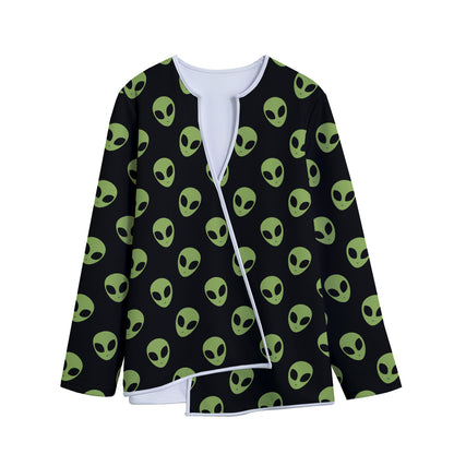 Green Alien Face Pattern Print Long Sleeve Short Coat