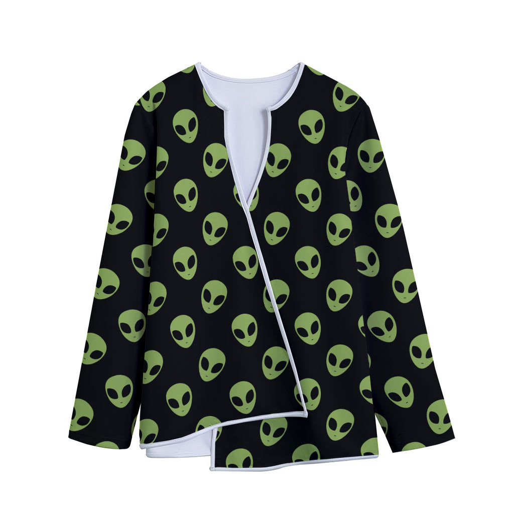 Green Alien Face Pattern Print Long Sleeve Short Coat