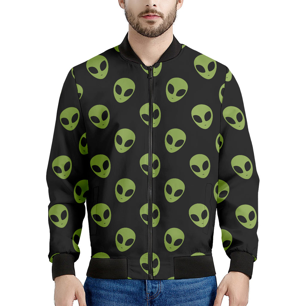 Green Alien Face Pattern Print Men's Bomber Jacket